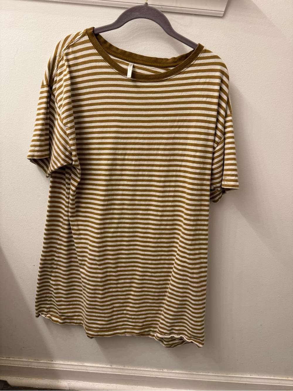 Striped Short-Sleeve Crewneck Shirt Dress in Mustard and White
